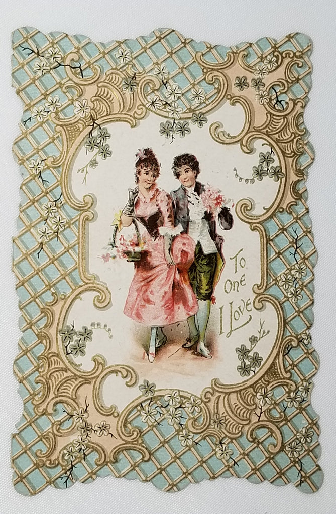 Antique Die Cut Valentine Fold Open Card with Victorian Couple and Poem