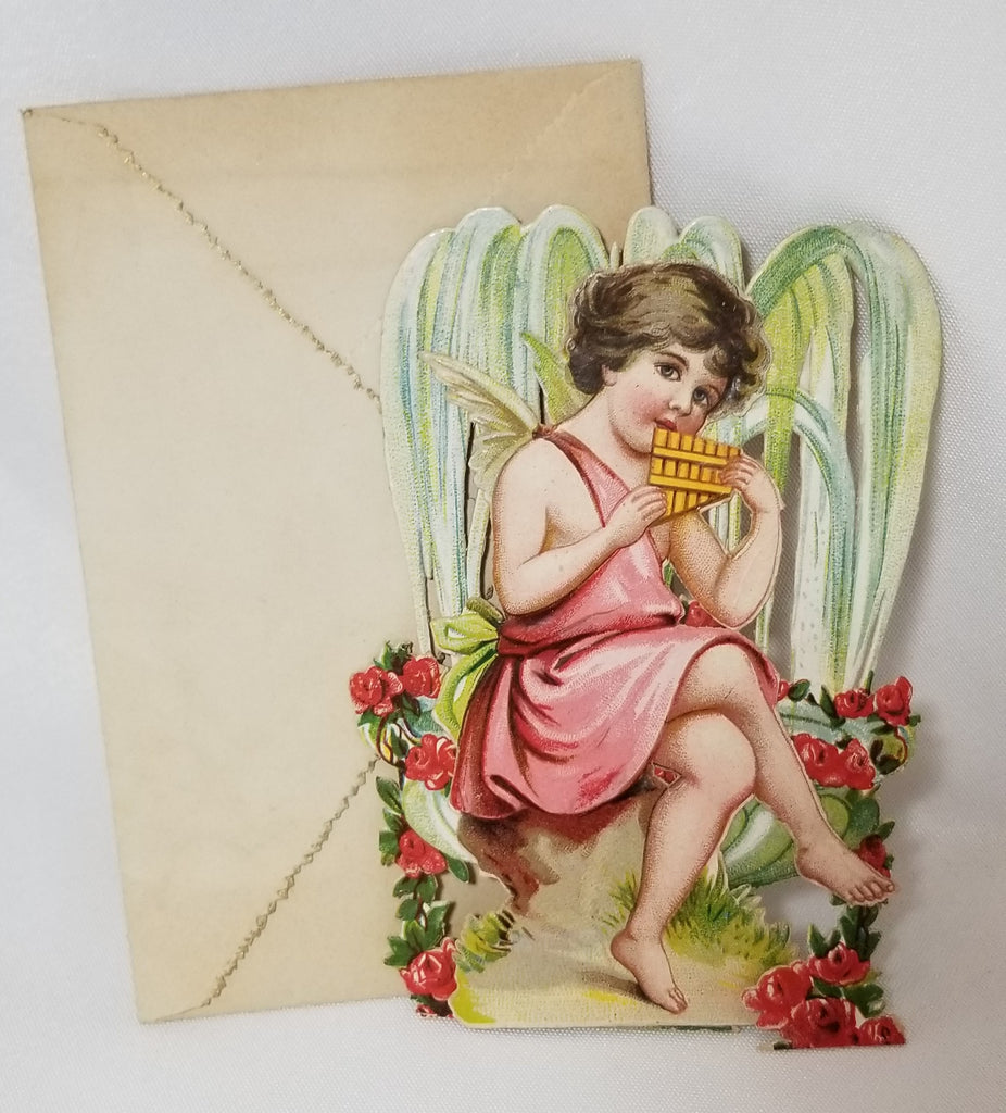 Antique Die Cut Valentine Flat Card Design by Ellen Clapsaddle Cherub Cupid Playing Pan Flute Includes Orig Envelope