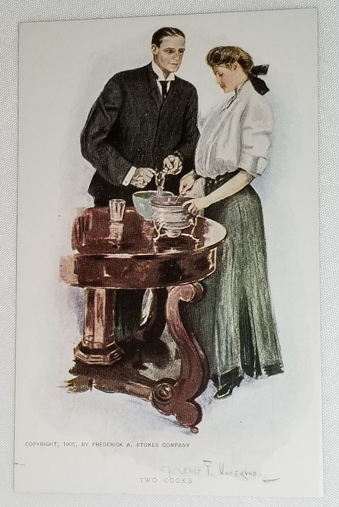 Artist Signed Clarence Underwood Edwardian Period Couple Titled Two Cooks 1905 Stokes Publishing