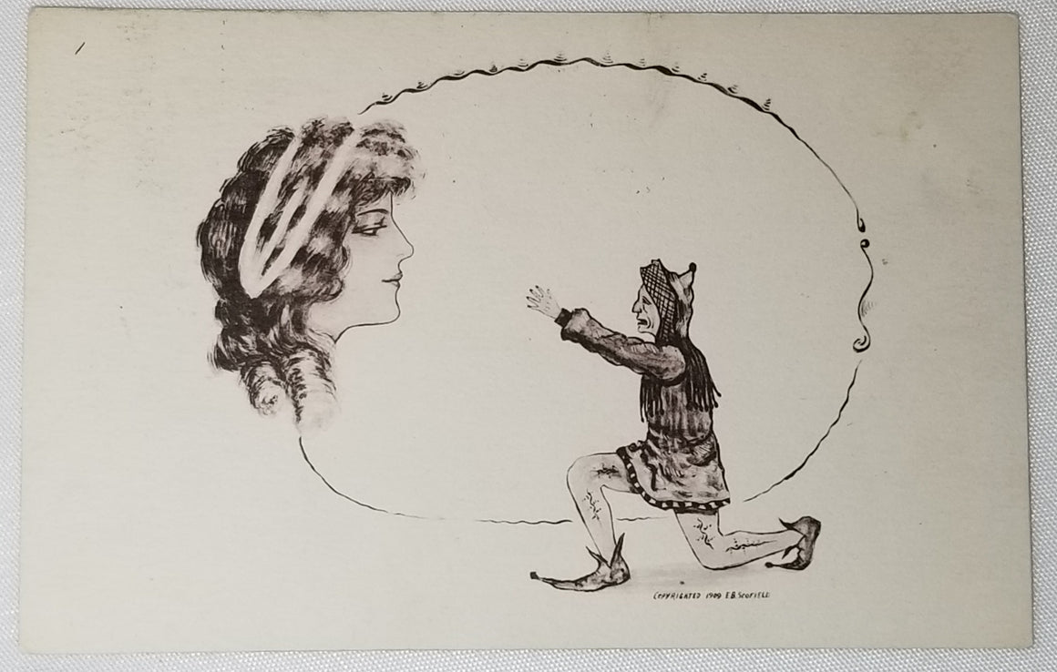 Artist Cobb Shinn Postcard Jester Begging Beautiful Woman in Sky Art Nouveau Style Card