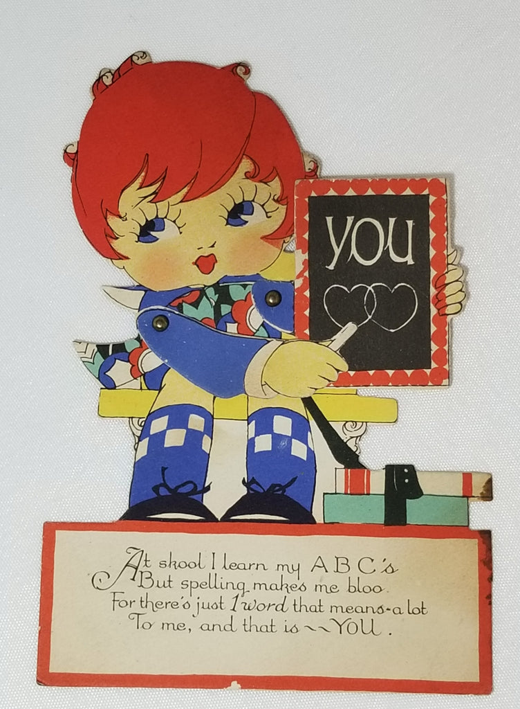 Vintage Die Cut Mechanical Valentine Card School Child Red Haired Girl with Chalkboard Buzza Co