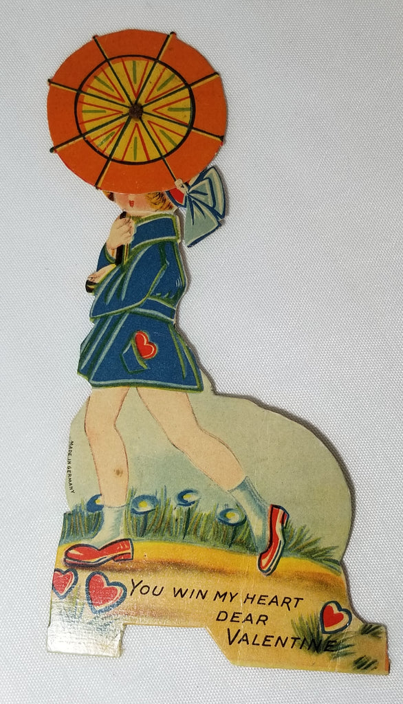 Mechanical Valentine Card Vintage Die Cut Deco Style Girl Playing Hide Behind Umbrella