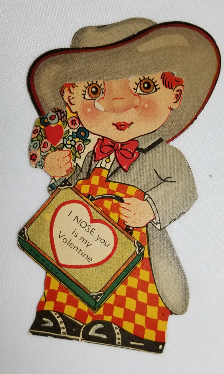 Mechanical Valentine Card with Removable Nose and Hat on Red Headed Child Holding Flowers