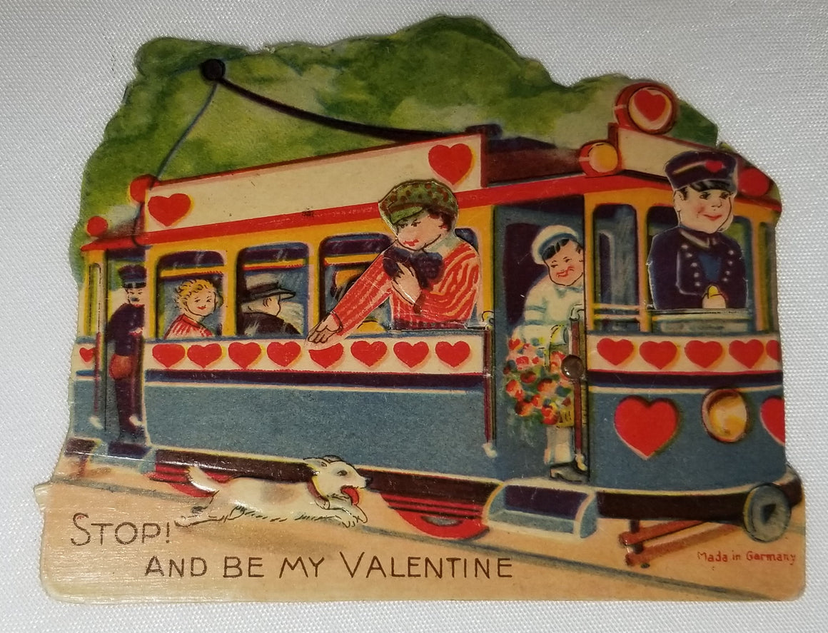 Mechanical Valentine Card Trolley Car with Children & Chasing Dog Made in Germany