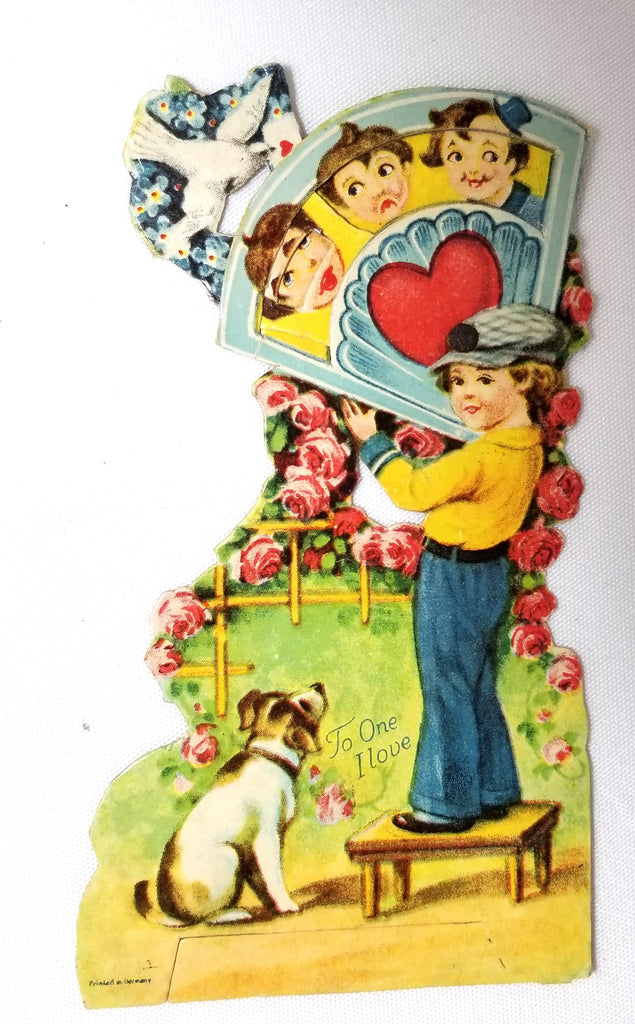 Mechanical Valentine Card Boy Holding Large Fan with Changing Faces Showing His Dog Made in Germany