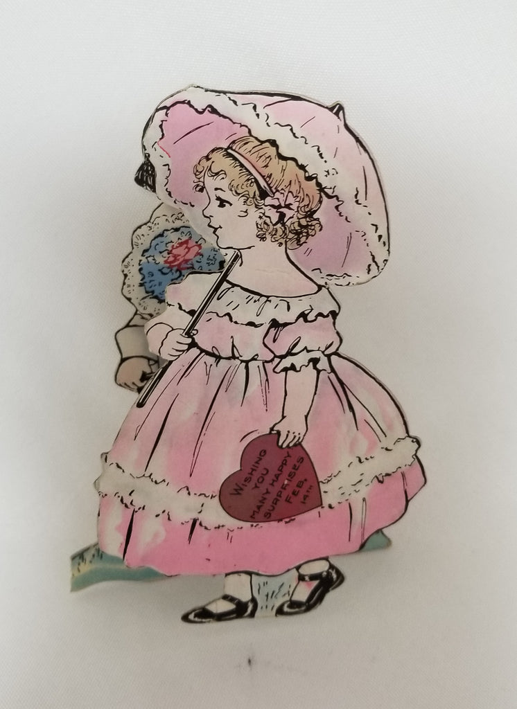 Vintage Antique Die Cut Valentine Card Young Children in Fancy Dress Strolling Together