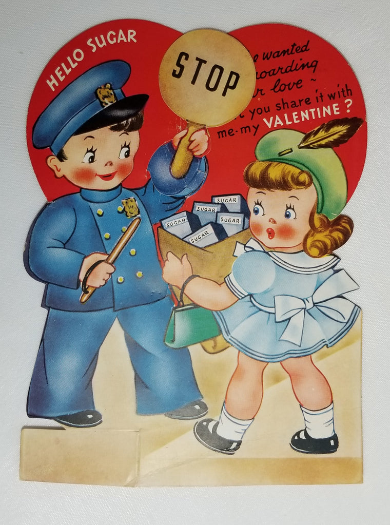 Vintage Antique Die Cut Mechanical Valentine Card Little Boy Police Officer Holding Stop Sign to Little Girl Carrying Box of Sugar