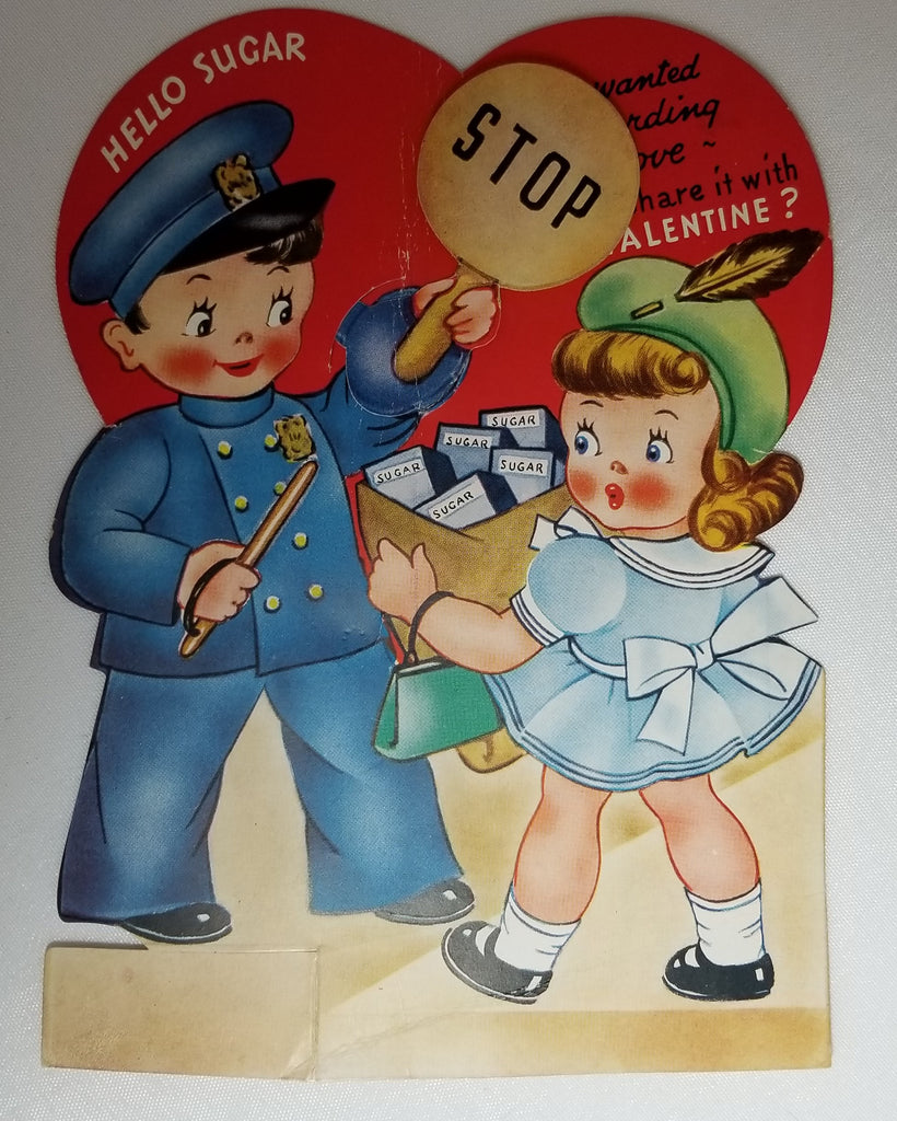 Vintage Antique Die Cut Mechanical Valentine Card Little Boy Police Officer Holding Stop Sign to Little Girl Carrying Box of Sugar