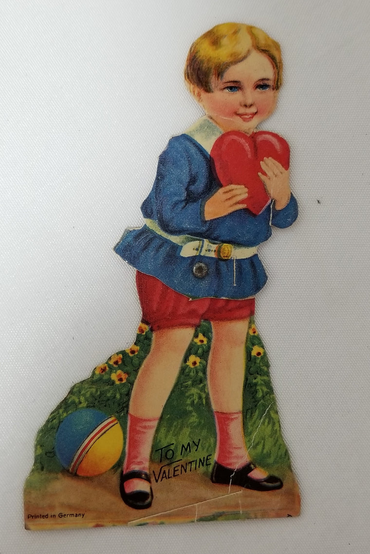 Antique Vintage Mechanical Die Cut Valentine Card Little Boy Holding Heart