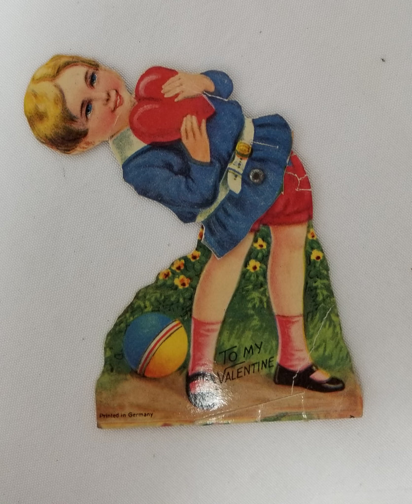 Antique Vintage Mechanical Die Cut Valentine Card Little Boy Holding Heart