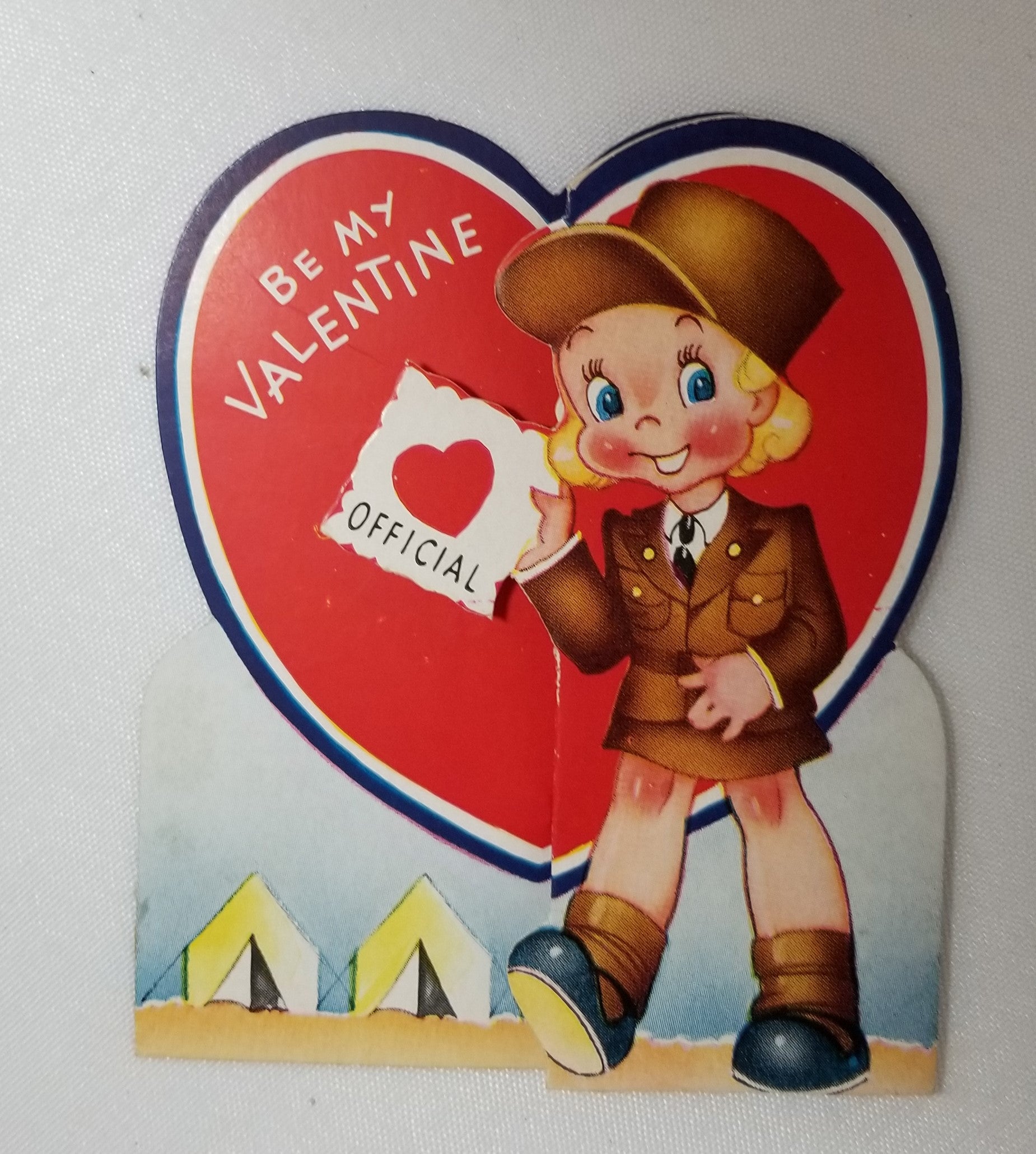 Antique Vintage Die Cut Valentine Card Little Girl in Army