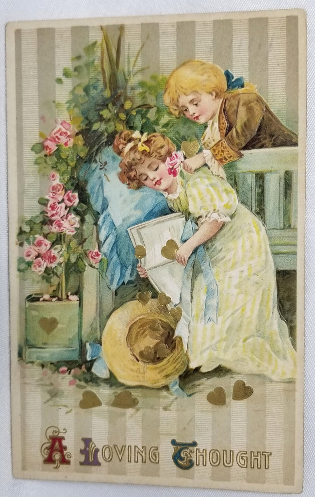 Vintage Antique Valentine Postcard John Winsch Publishing Children with Gold Embossed Hearts and Falling Flowers Textured Like Background