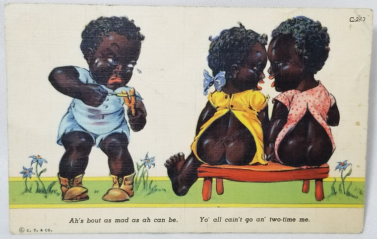 Black Americana Postcard Little African American Children Boy Fighting Over Girl Chocolate Drop Comics