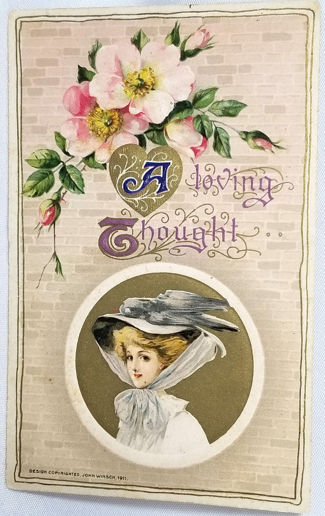Vintage Antique Valentine Postcard John Winsch Publishing Samuel Schmucker Gibson Girl Gold Embossed with Flowers