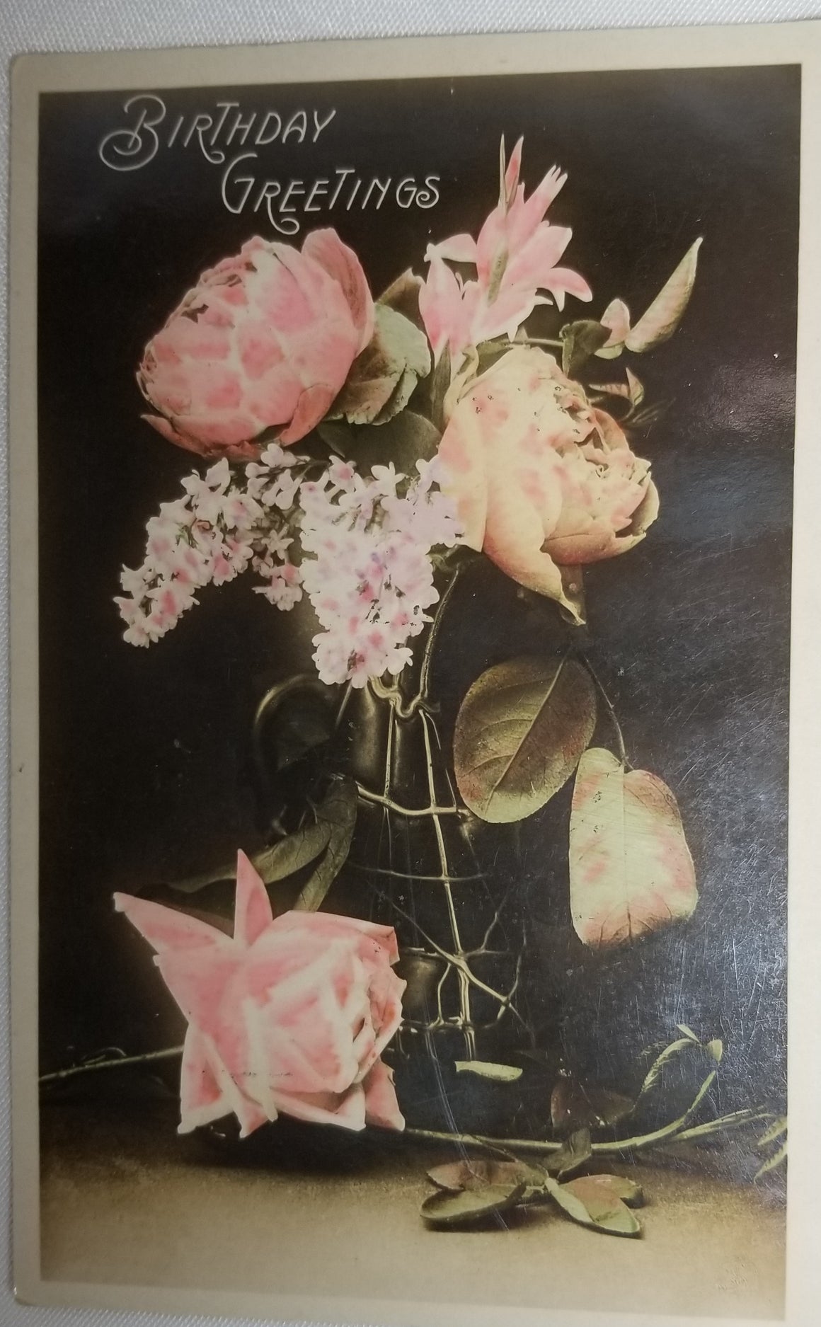 Birthday Postcard Real Photo RPPC Tinted Vase of Pink & Yellow Flowers