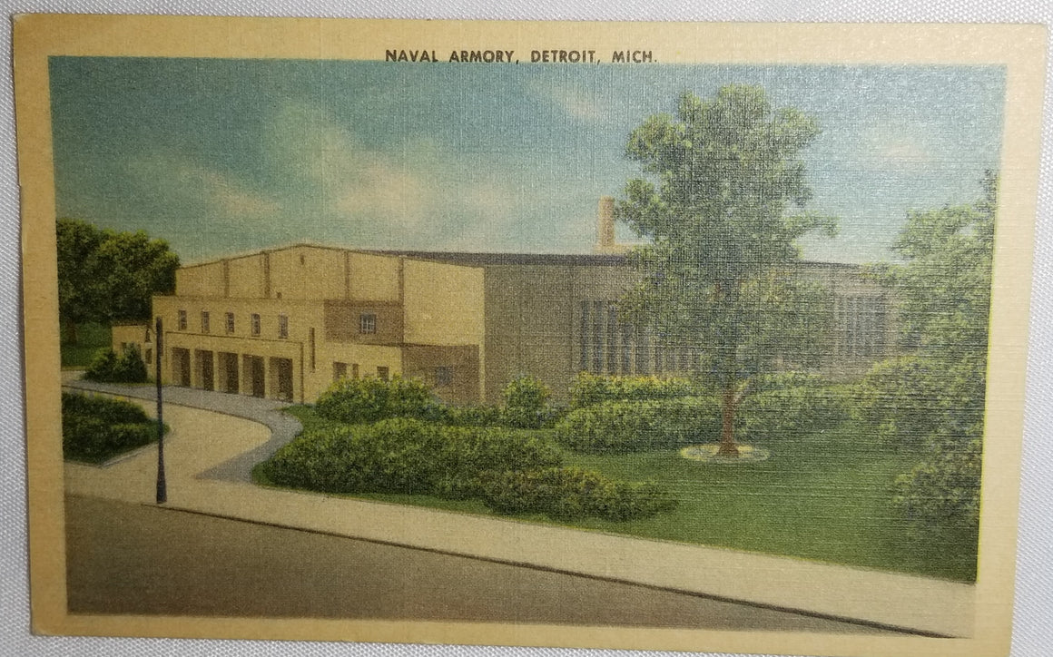 Naval Armory Building Detroit MI Michigan Linen Postcard 1940s