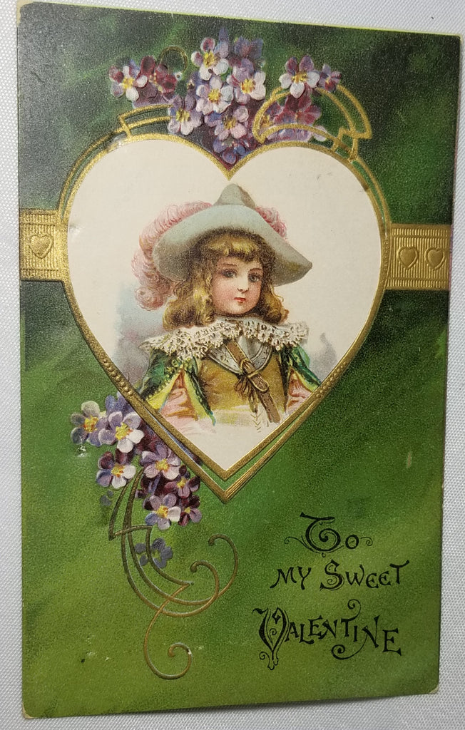 Valentine Postcard Portrait of Child in 17th Century French Wear with Gold Embossed Heart with Green Background