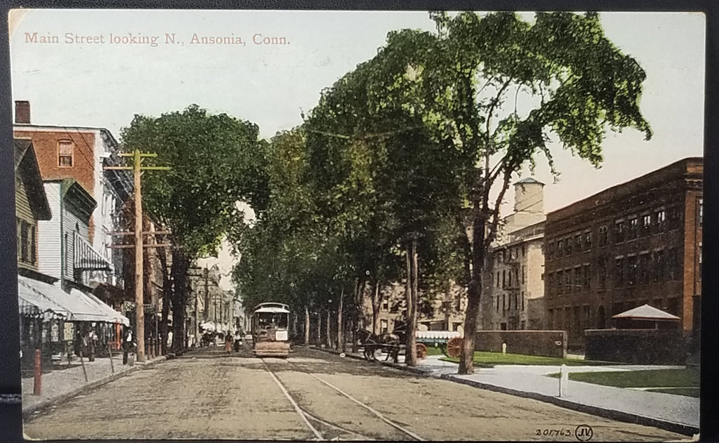 Ansonia CT Postcard Main Street Looking North with Trolley Car 1909 Real Photo Type Post Card