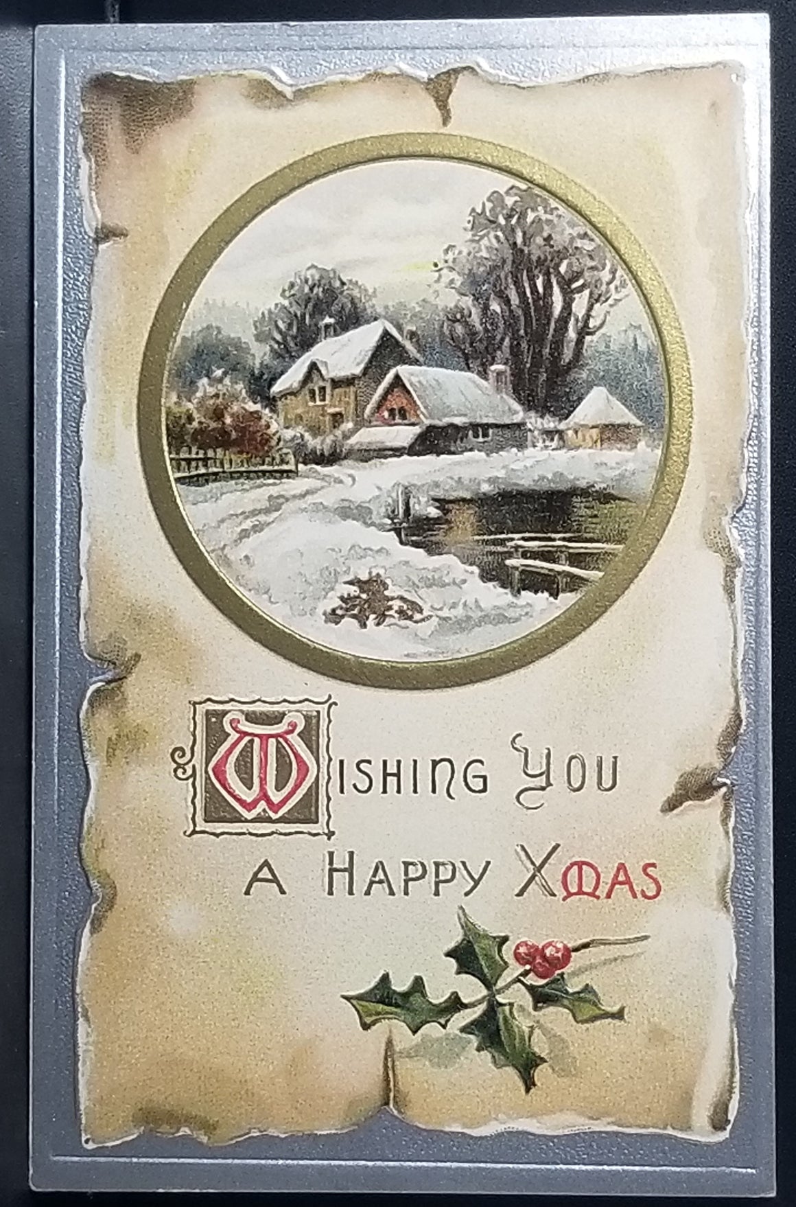 Christmas Postcard Silver Background House in White Winter Landscape Series 3000 Davidson Bros Publishing