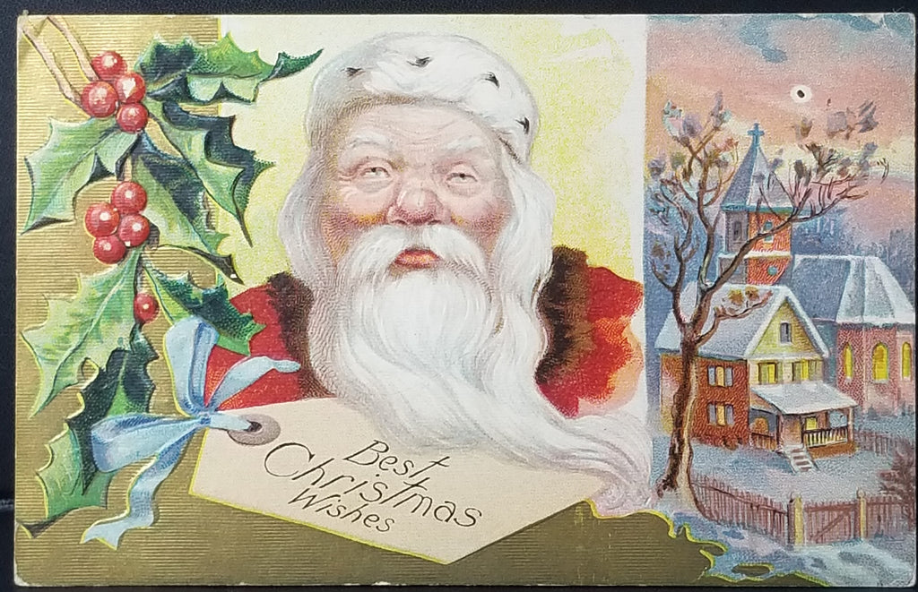 Christmas Postcard Santa Claus with Holly and Tag XMAS Series Embossed