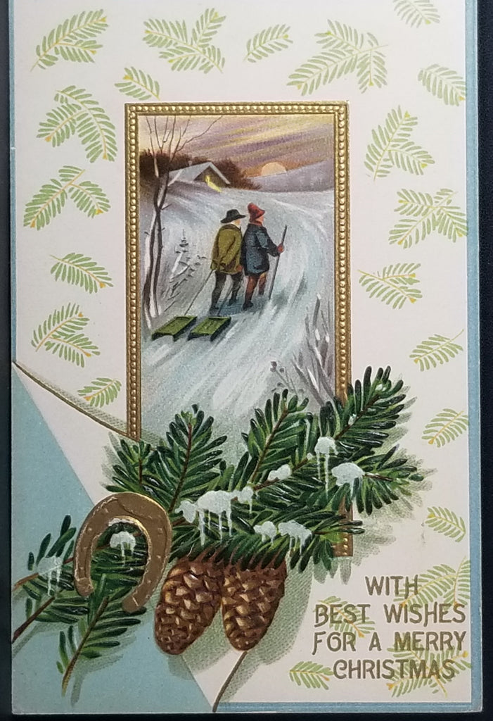 Gold Embossed Antique German Christmas Postcard Couple Pulling Sleigh in Snow Pine Cone Background