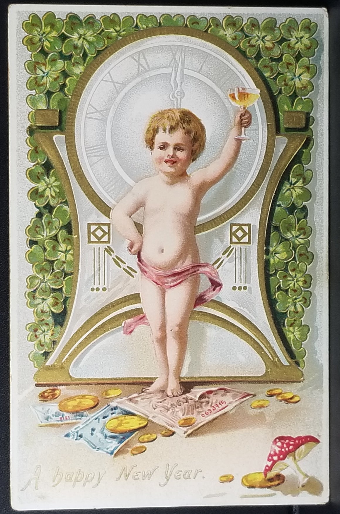 New Year Postcard Raphael Tuck Publishing Series 113 Baby New Year's Toasting Champagne w/ Gold Coins