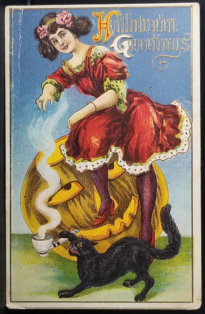 Halloween Postcard Pretty Witch in Red JOL Smoking Pipe Black Cat Embossed 116