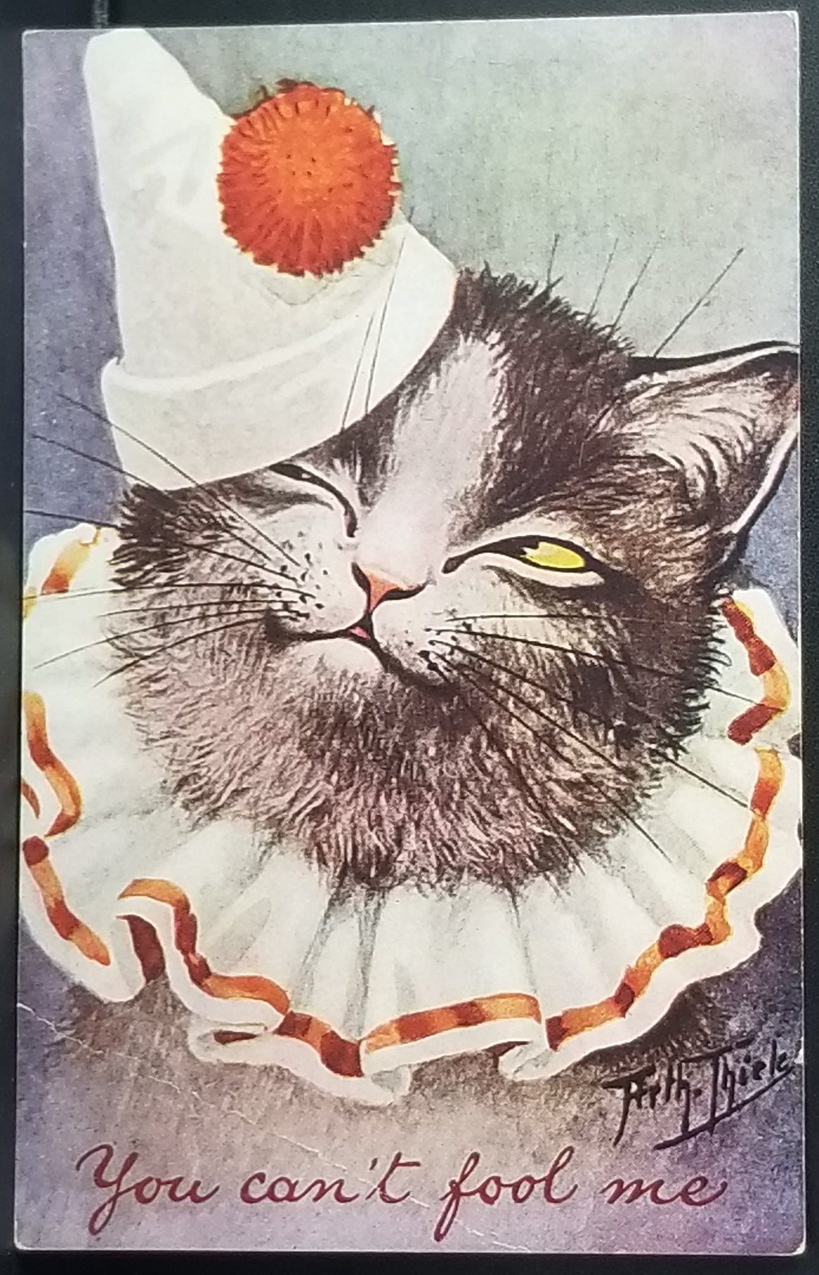 Arthur Thiele Cat Postcard You Can't Fool Me Clown Suit Anthropomorphic Kitty