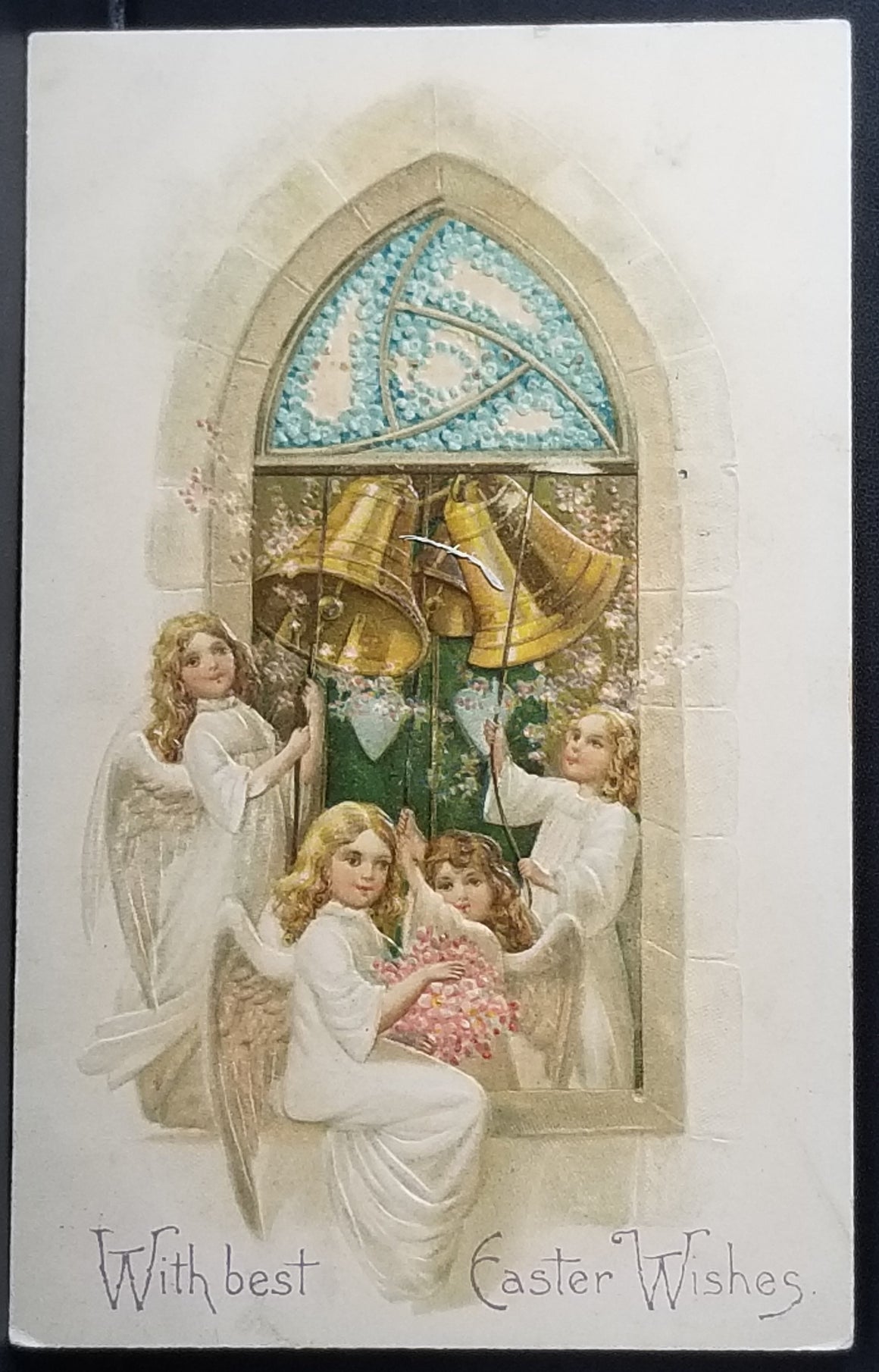 Easter Postcard Embossed Series 305 Angels Ringing Church Bells in Window with Flowers