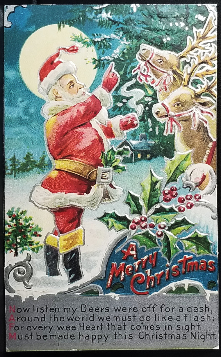 Christmas Postcard Santa Claus with Reindeer Silver Embossed Kris Kringle Series