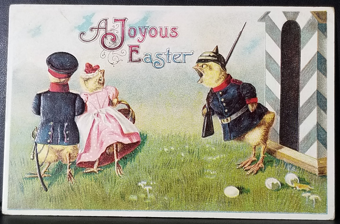 Easter Postcard Anthropomorphic Military German Soldier Chicks Broken Eggs and Girl Chick in Pink