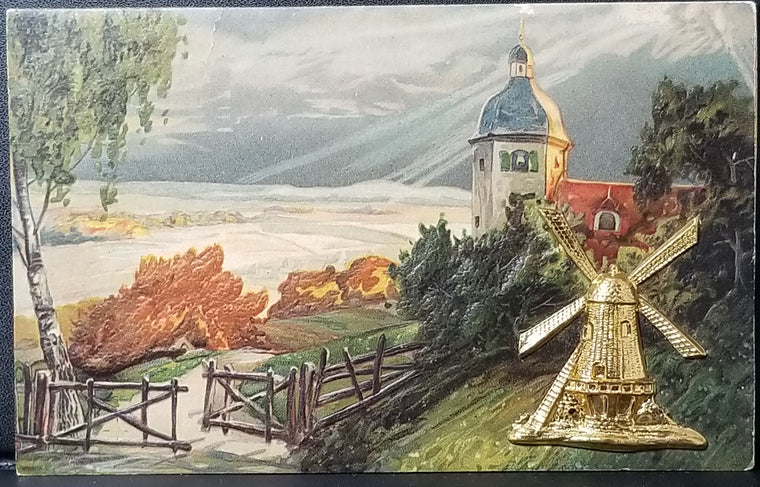 Landscape German Postcard Mountains Seaside Scene with Attached Metal Lighthouse  1909 Card