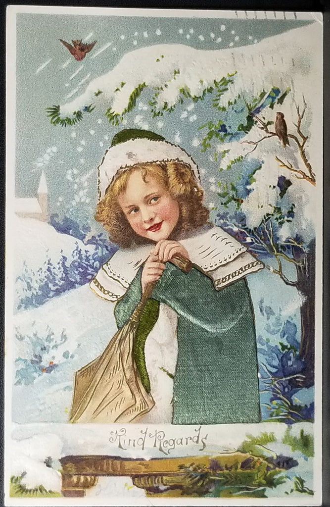 Greetings Postcard Kindest Regards Child in Silk Applied Green Jacket Standing in Snow