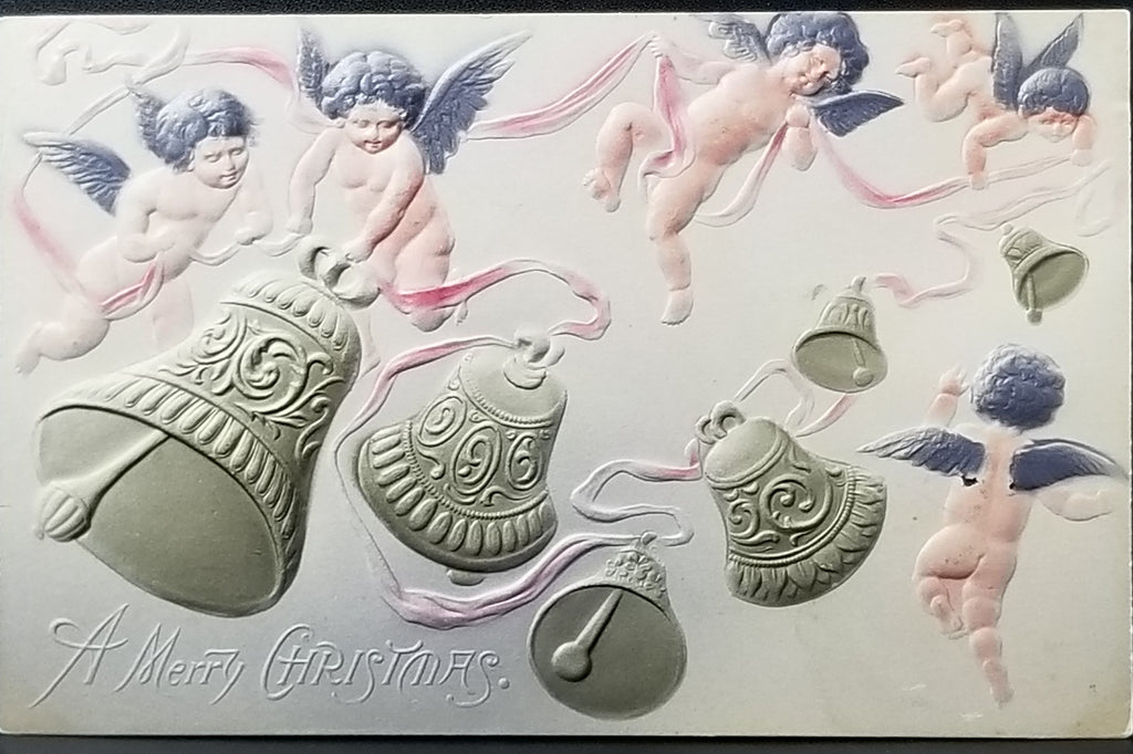 Airbrush Christmas Postcard Golden Painted Bells with Flying Cherubs Heavily Embossed Card