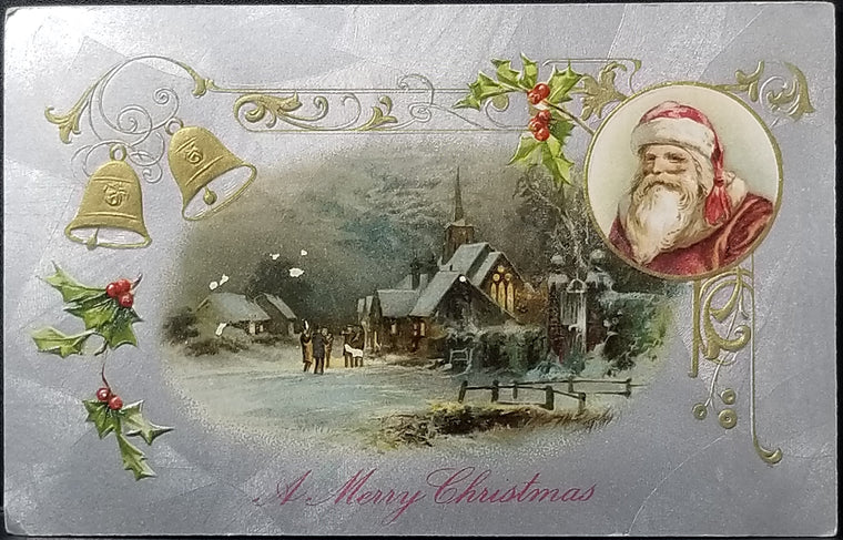 Christmas Postcard Santa Claus with Silver Foil Type Background and Landscape Winsch Publishing