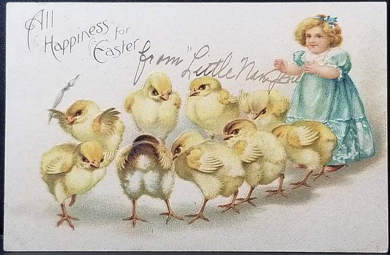 Easter Postcard Little Girl Chasing a Row of Baby Chicks Embossed 1908 Card