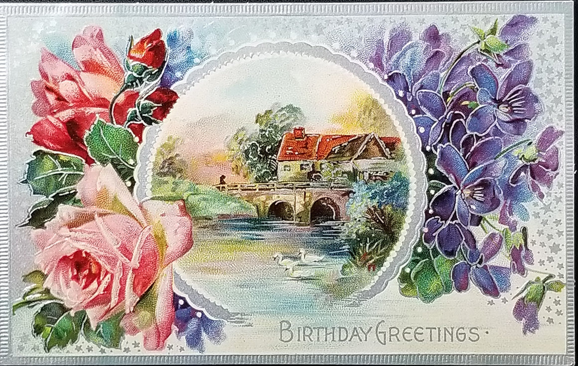 Birthday Postcard Silver Embossed Roses with Purple Flowers & Landscape Series 1620b