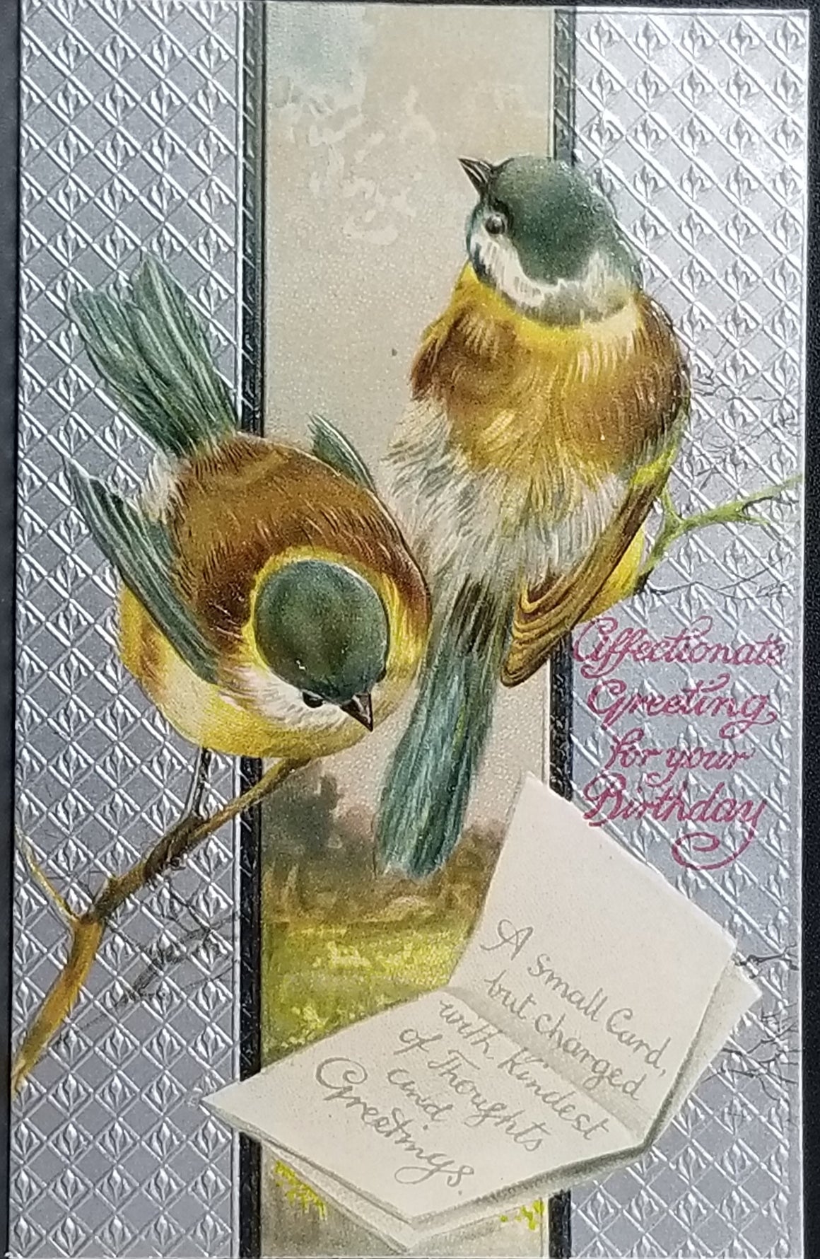 Birthday Postcard Silver Embossed w/ Two Songbirds and Greetings
