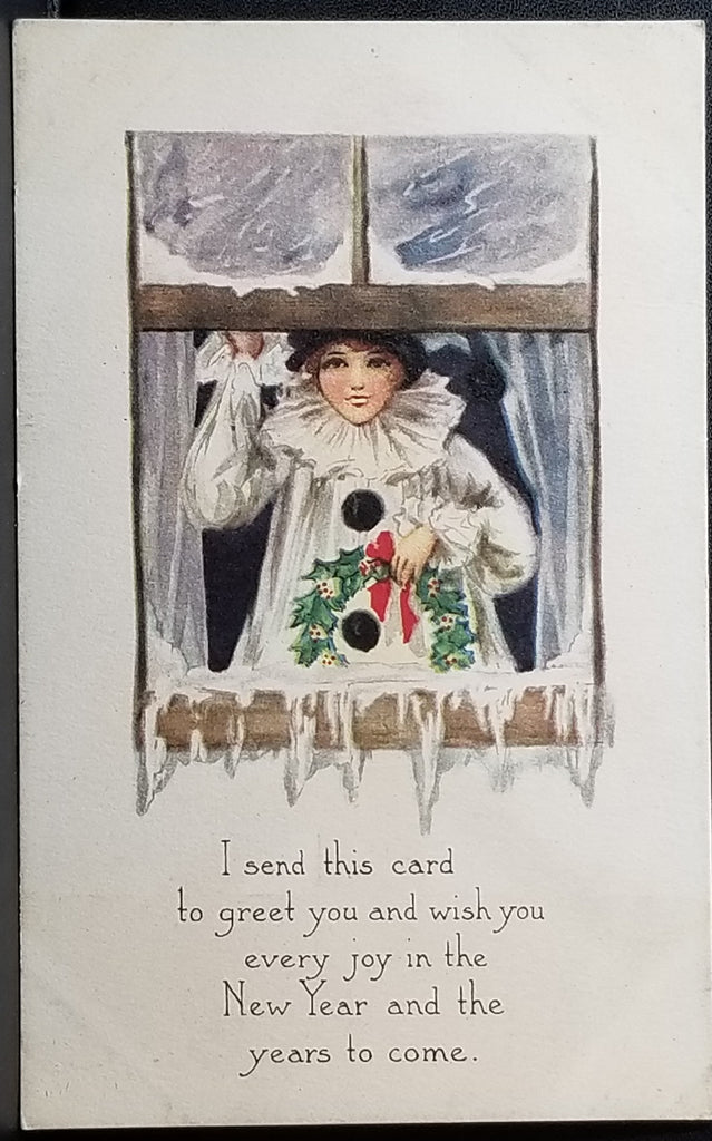 New Year Postcard Pierrot Clown Woman in Window Art Deco Card Series 3013