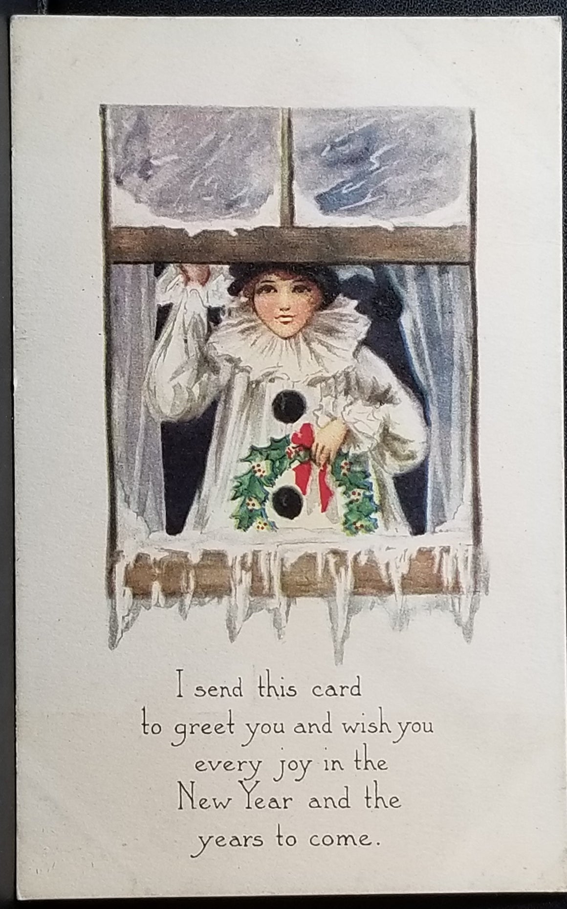New Year Postcard Pierrot Clown Woman in Window Art Deco Card Series 3013