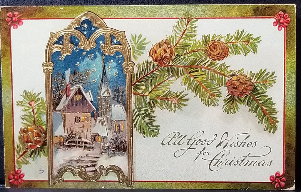 Gold Embossed Christmas Postcard PFB Publishing 8975 Gel Brilliant Town with Pine Cones