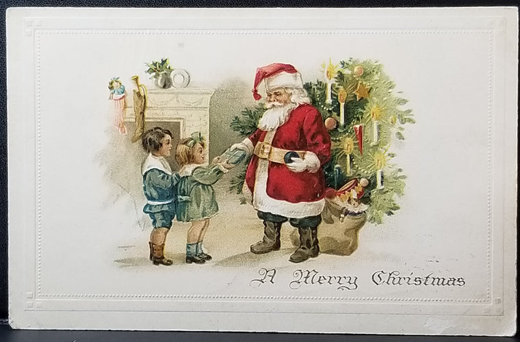 Merry Christmas Postcard Santa Claus Handing Out Gifts to Children Series 444