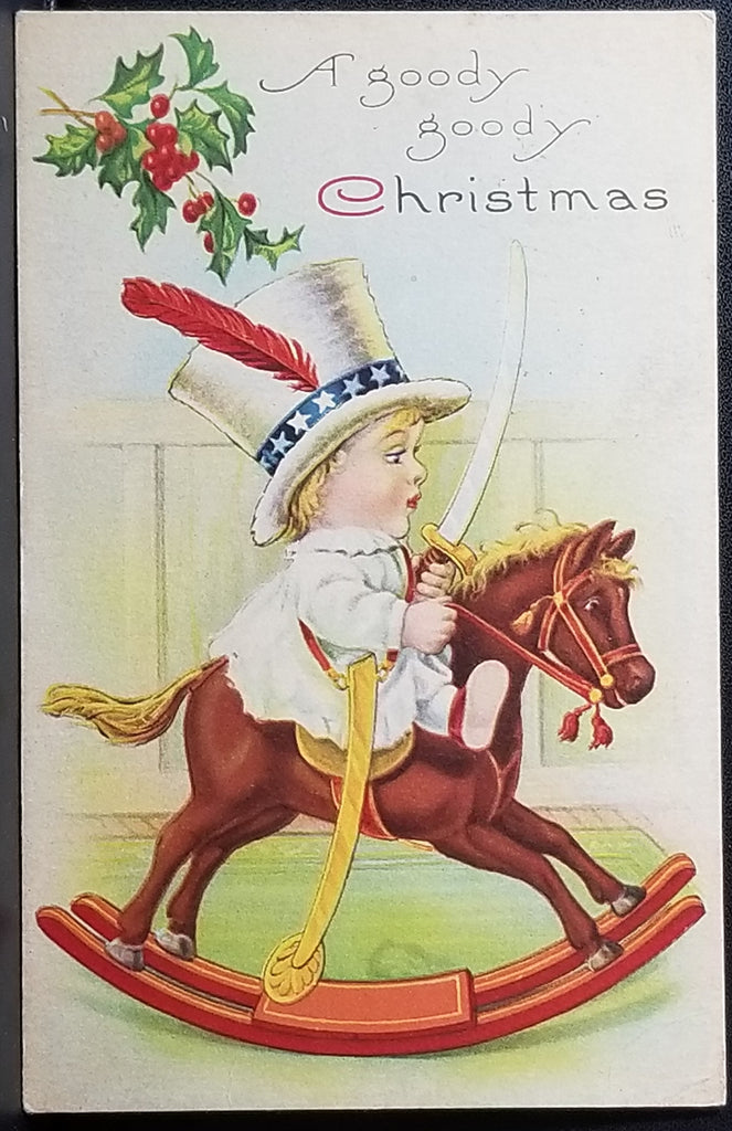 Patriotic Christmas Postcard Crossover Uncle Sam Baby in American Top Hat with Feather Riding Hobby Horse Series 1282