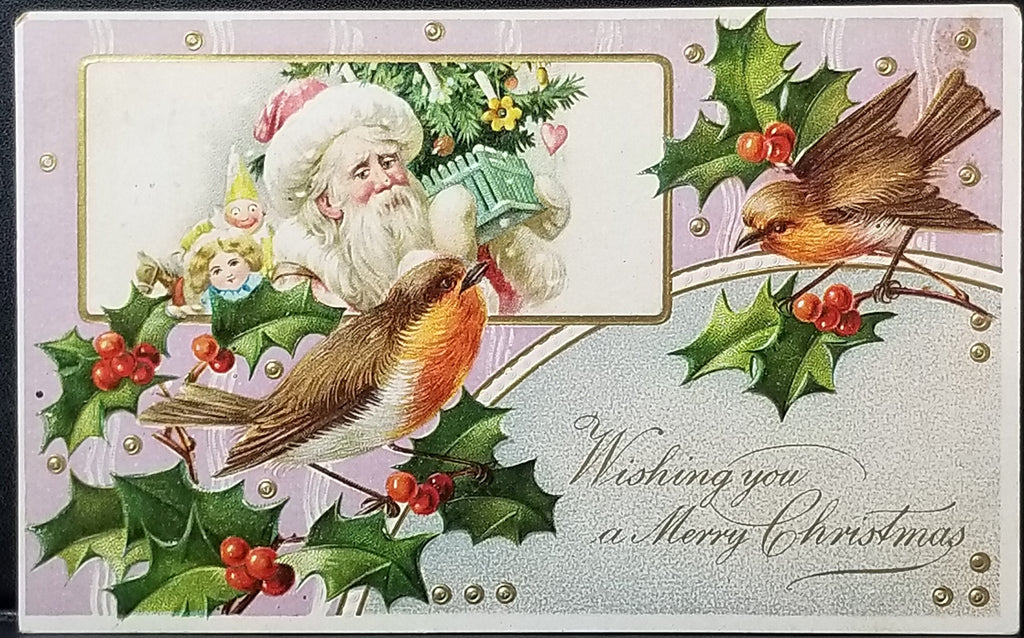 Wishing You a Merry Christmas Santa Claus Carrying Tree & Gifts with Pink and Gold Background Birds with Holly