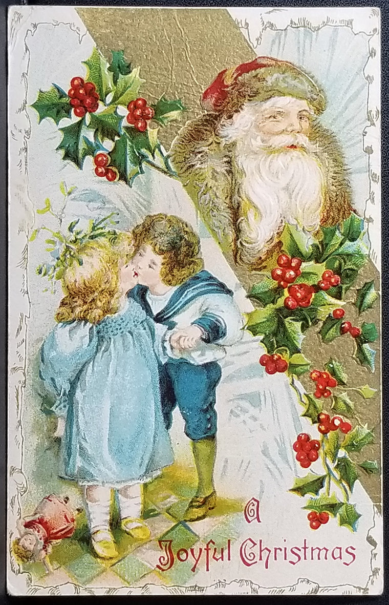 A Joyful Christmas Postcard Embossed Santa Claus in Gold with Kissing Children