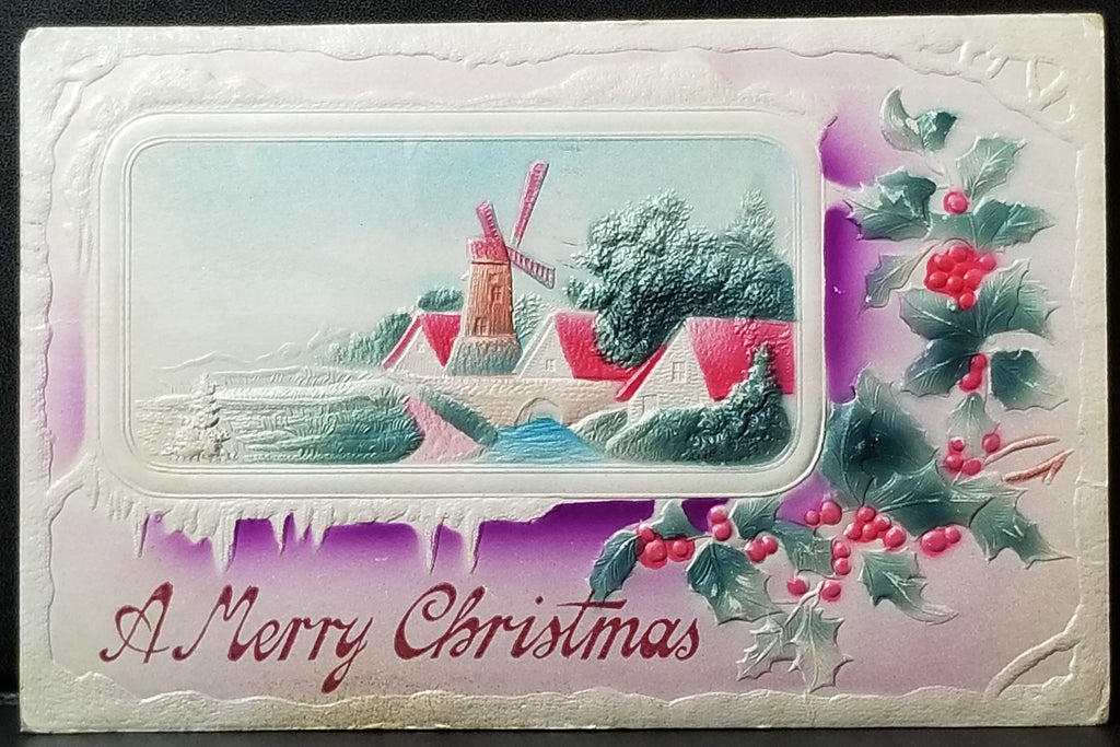 Heavy Embossed Christmas Postcard Air Brush Paint Landscape Of Windmills & Homes with Holly