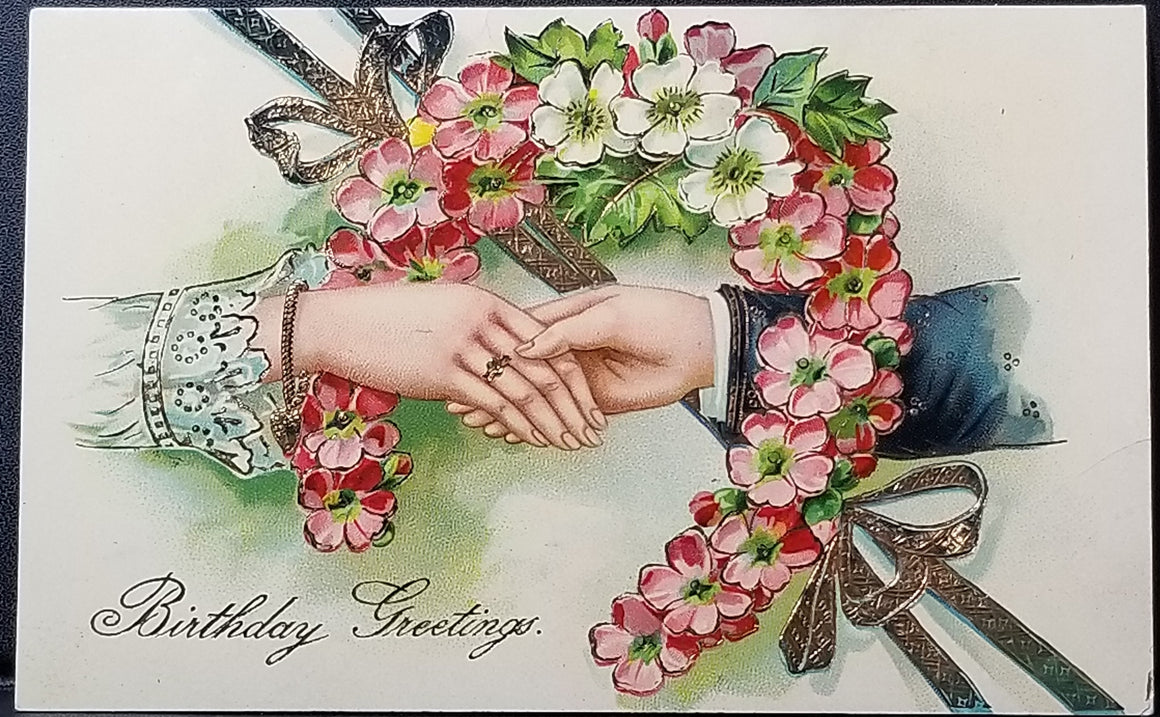 Birthday Postcard Brilliant Gel Finish PFB Publishing Hands Holding Over Flowers Gold Embossed Ribbon