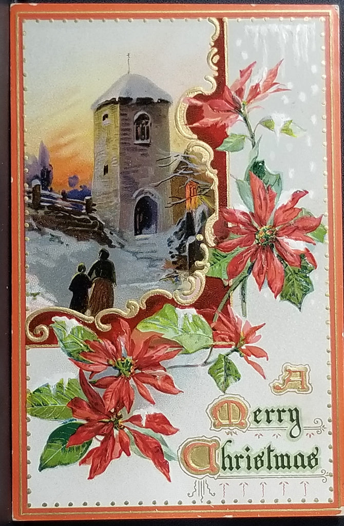 A Merry Christmas Postcard Poinsettias Surrounding Couple Walking Toward Stone Tower in Snow Raphael Tuck Winter Glories Series 509