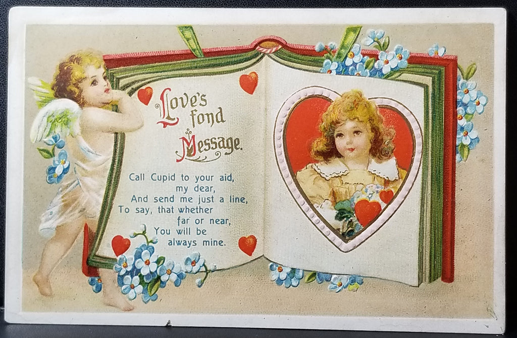 Valentine Postcard Ellen Clapsaddle Cupid With Book Small Portrait of Girl Series 1387