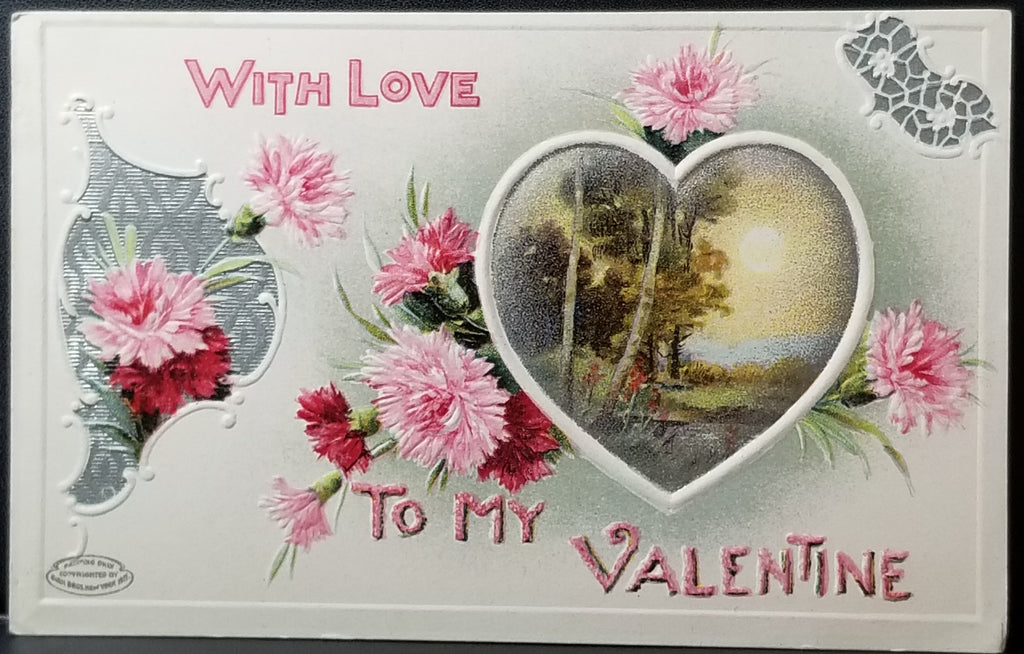 Valentine Postcard Series 1507 Brin Bros Publishing Silver Embossed with Heart Flowers and Landscape